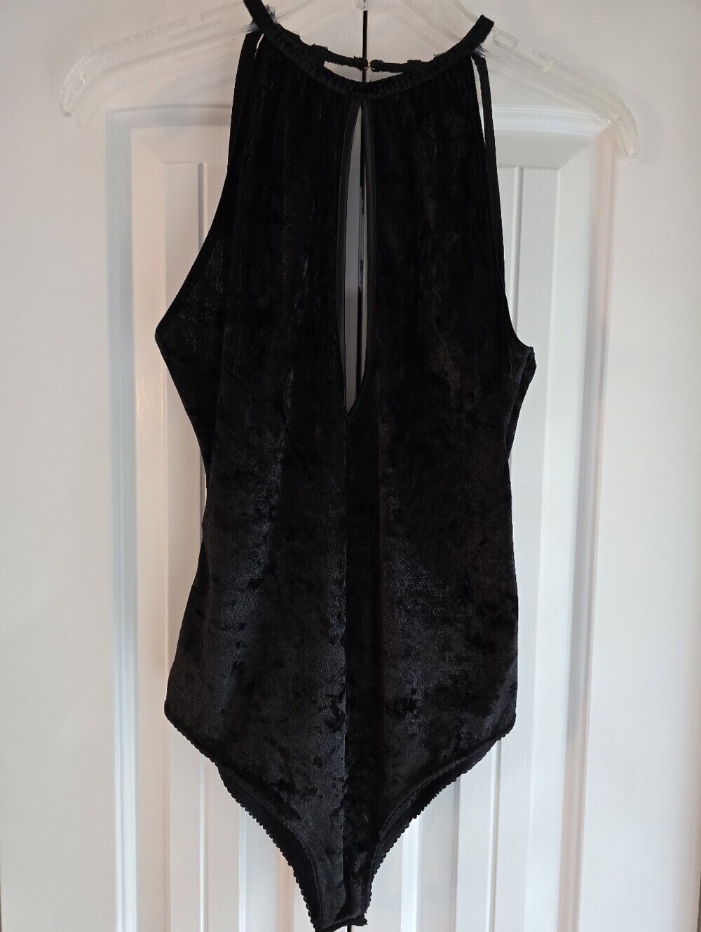 Crushed Black Velvet Bodysuit With Keyhole Front And Strappy Back/Gold Hardware
